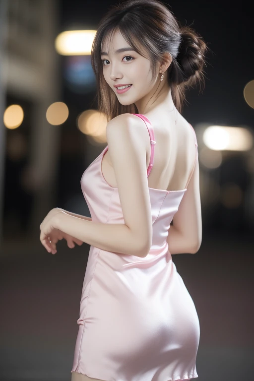 8K, masterpiece, Raw photo, Best Quality, Photorealistic, Highly detailed CG Unity 8K wallpaper, depth of fields, Cinematic Light, Lens Flare, Ray tracing, (Extremely beautiful face, Beautiful lips, Beautiful eyes), intricate detail face, ((Ultra detailed skin)) 1girl in, In the Dark, deepshadow, Pretty Korean girl, Kpop Idol, 1 girl, (Very slim and slender fit muscular body:1.3), ((Looking at Viewer)),(Big smile:1.3), (Fashion City Night, a dark night, (Neon sign), (Blurred background), Fashion Street Night),(No people in the background:1.3), Beautiful earrings, Bracelets, Necklace, pantyhose, Clear eyes, Walking, (pale skin), (Big eyes), Face forward, (very short ponytail hair), (Full body shot), ((Silk Hot Pink Color Dress:1.3)), ((tight fit dresses)), ((laced dress)), (Looking at Viewer:1.3) opened breast, Very slim, medium breasts, backtrack, (Back shot), ass focus, In front of the eyebrows,(Tight Dress), thick thighs