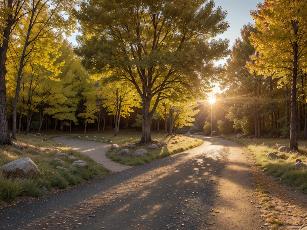 muestra un paisaje al atardecer. The sky is painted with warm shades of orange and gold, creating a serene and welcoming atmosphere. En el centro de la imagen, a path winds through a path between mountains, illuminated by the soft light of the sun that is setting on the horizon. A lo largo de la vereda, small flashes of golden light reflect on the stones of the path, adding a magical touch to the scene. Alrededor, stylized trees with leaves in amber and gold tones create a natural frame, highlighting the beauty of the autumn landscape. The combination of warm colors and the feeling of peace that emanates from the image make this wallpaper a perfect complement