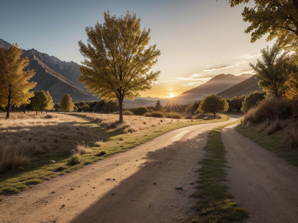 muestra un paisaje al atardecer. The sky is painted with warm shades of orange and gold, creating a serene and welcoming atmosphere. En el centro de la imagen, a path winds through a path between mountains, illuminated by the soft light of the sun that is setting on the horizon. A lo largo de la vereda, small flashes of golden light reflect on the stones of the path, adding a magical touch to the scene. Alrededor, stylized trees with leaves in amber and gold tones create a natural frame, highlighting the beauty of the autumn landscape. The combination of warm colors and the feeling of peace that emanates from the image make this wallpaper a perfect complement