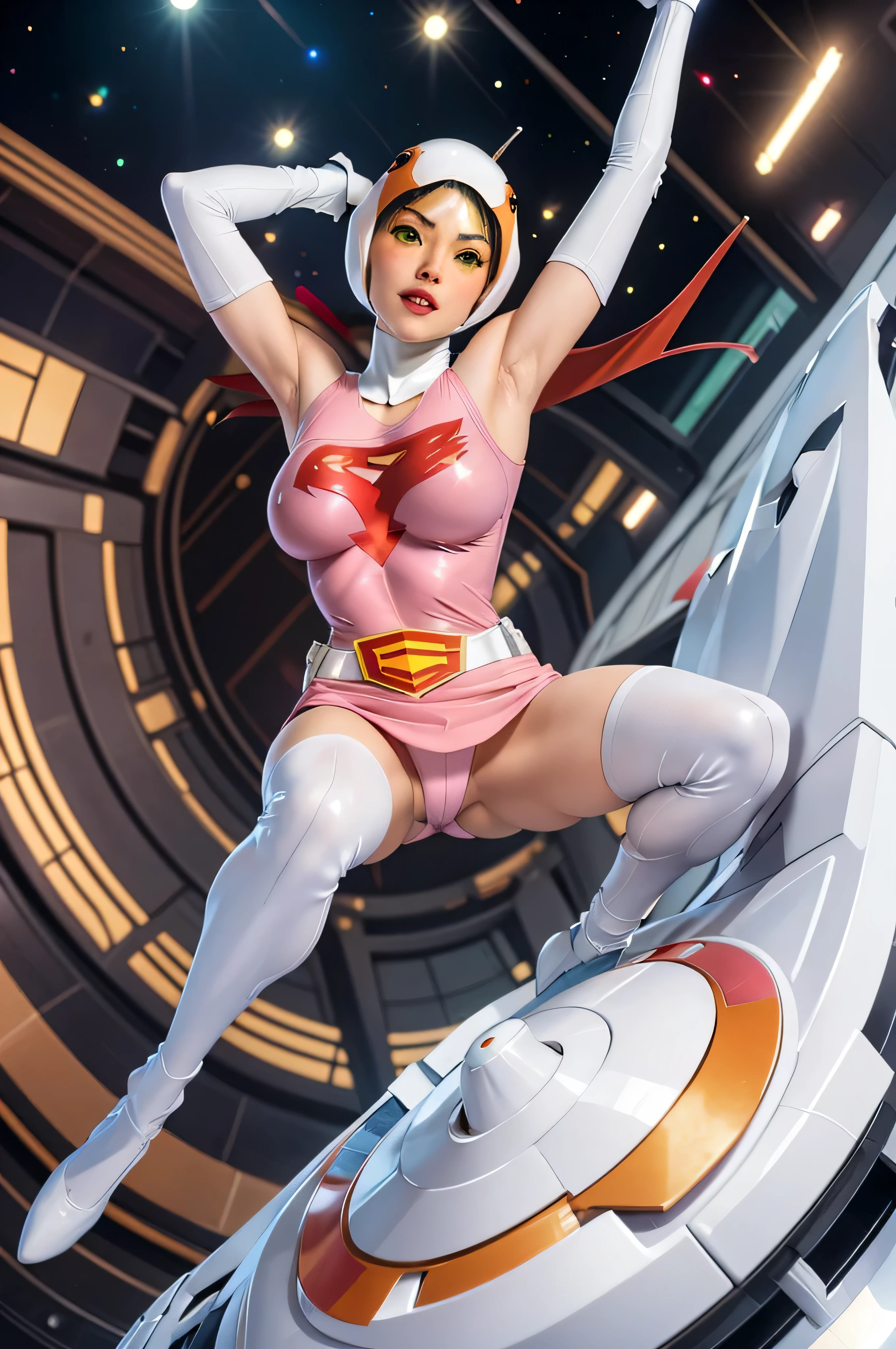 ANI_CLASSIC_jun_gatchaman_ownwaifu, 1girl, good anatomy, masterpiece, best quality, realistic, hdr, long black hair, green eyes, lips, large breasts, lipstick, makeup, white cape, helmet, white belt, elbow gloves, white gloves, mask, ultra miniskirt, leotard, spacesuit, white legwear, pink dress, superhero, bodysuit, cleavage, erected nipples, (sexy pose,from below:1.2), (spread legs:1.1), white panties, cameltoe, sweat, smile, squatting, space ship background, see through nipples