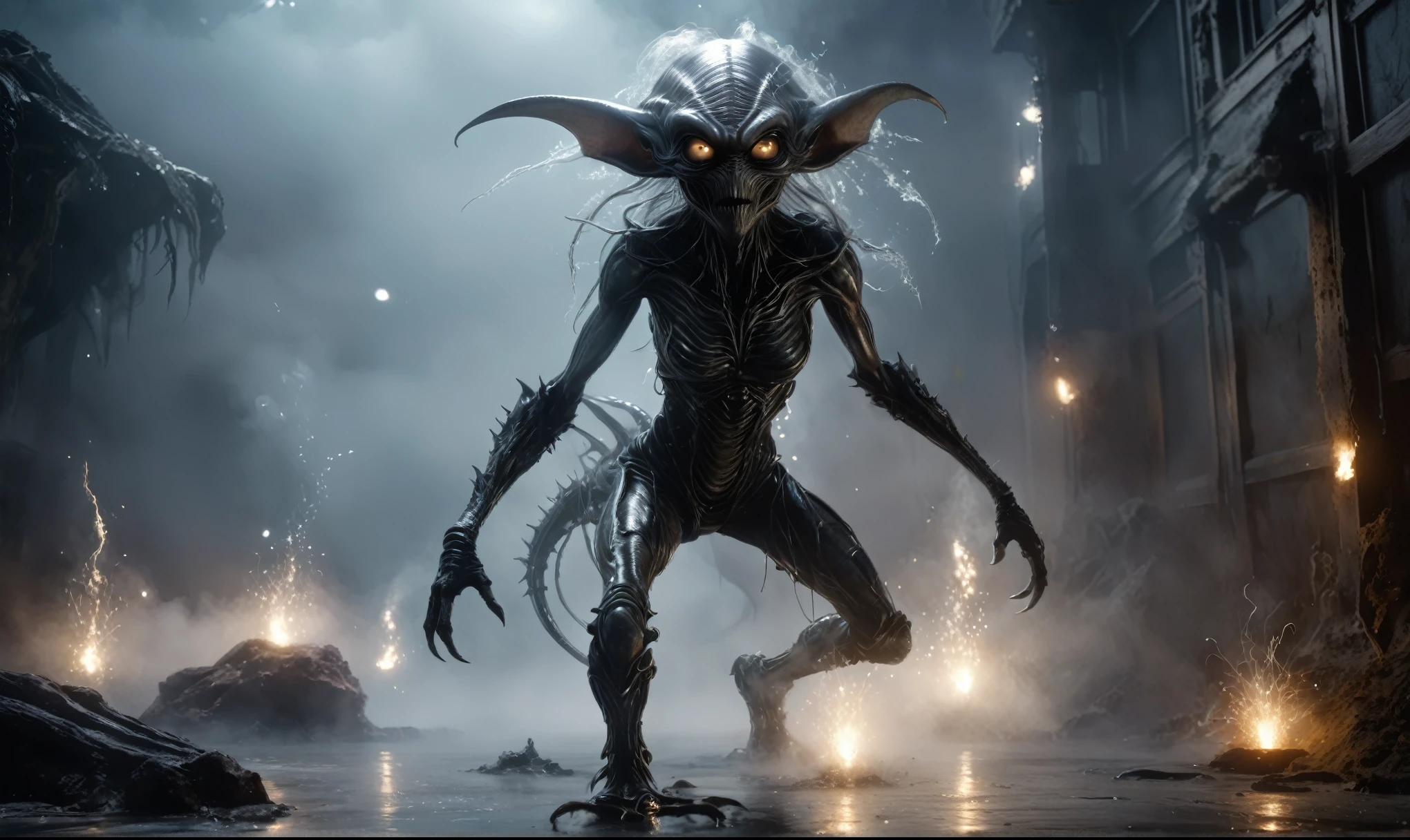 full body length,niobium goblin,native africa xenomorph,once pretty face,eyebrow up,full body shot,ominous landscape,niobium gray atmosphere,photo,photorealism,Masterpiece,natural skin textures, hyper realism,hyper detailed,High contrast,Realism,Ultra Detailed,irina yermolova,close full body shot,32K resolution,Nikon Z9, ,demonic, dust, smoke, audience, mist, featuring ultra-realistic and hyper-realistic elements,
  Marta Bevacqua, Ellen Jewett, Kawacy, Katsuya Terada, Carne Griffiths, explosive lightning, sparks, concert lighting,  bokeh,  luminal space that feels
 both bright and surreal. Includes liquid fluid elements for added depth and movement. Rendered in an unreal 
engine and post-processed to achieve . Evokes a sense of dreamy, ethereal 
and mystical mood,horror pixar movie still,thriller disney movie ,pixar render, animated 