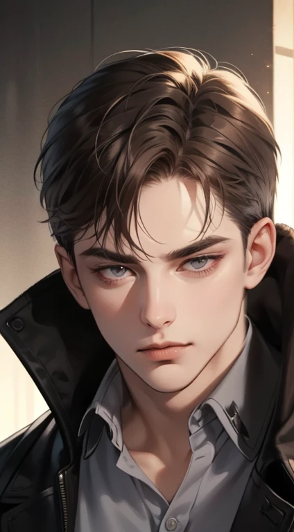 masterpiece, best quality, realistic, 1man, mature male, quiet and charming young man, 25 years old, close his eyes, serious look, extremely detailed face, ((dark grey eyes)), ((short-right-swept dark brown hair)), [thick eyebrows], ((detective)), cinematic lighting, posture dynamics,