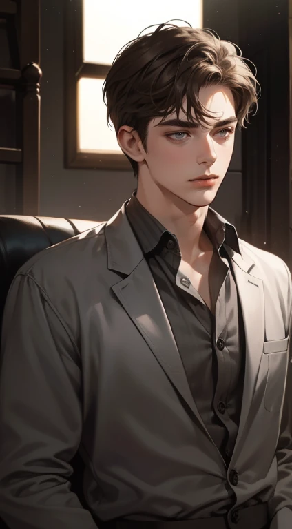 masterpiece, best quality, realistic, 1man, mature male, quiet and charming young man, 25 years old, close his eyes, serious look, extremely detailed face, ((dark grey eyes)), ((short-right-swept dark brown hair)), [thick eyebrows], ((detective)), cinematic lighting, posture dynamics,