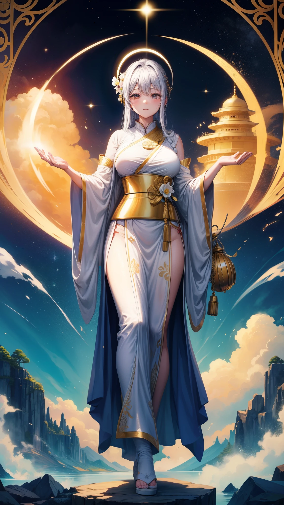 Goddess Amaterasu Omikami. Mythically beautiful female goddess, Voluptuous body, full body, big breasted, very long black silky hair, veil, beautiful marbling red pupils, beautiful belly, croptop, beautiful shoulders, beautiful armpits, beautiful pelvis, beautiful legs, beautiful vulva, beautiful vagina, wearing traditional Japanese dress and white knee socks, with floating hagoromo and glowing sun disk. Simple earrings, magatama necklace, jade bracelet, blueish-silvery belly chain and anklet. Background in the mythical realm. Ultra detailed anatomy, perfect detailed hand and fingers, ultra detailed background, ultra detailed clothes.