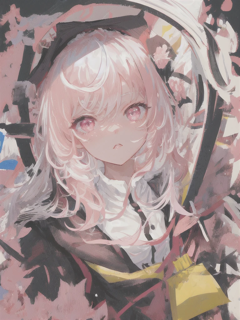 masterpiece, best quality, ultra-detailed, illustration, close-up, straight on, face focus, 1girl, looking at viewer, white hair, dark pink eyes