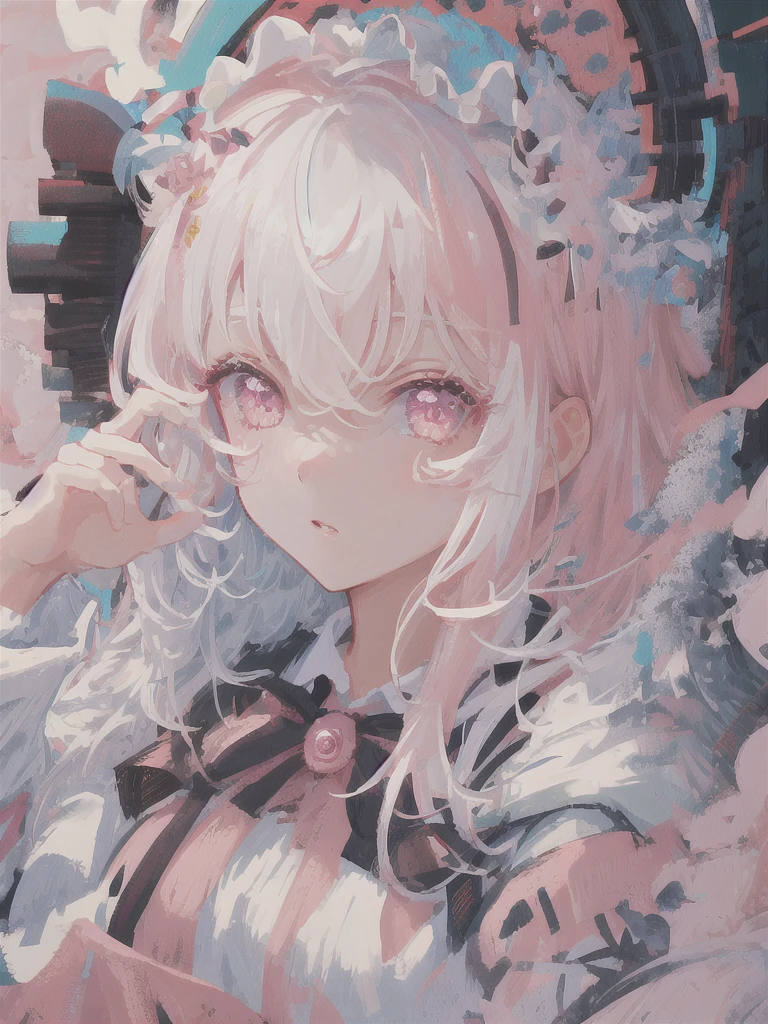 masterpiece, best quality, ultra-detailed, illustration, close-up, straight on, face focus, 1girl, looking at viewer, white hair, dark pink eyes