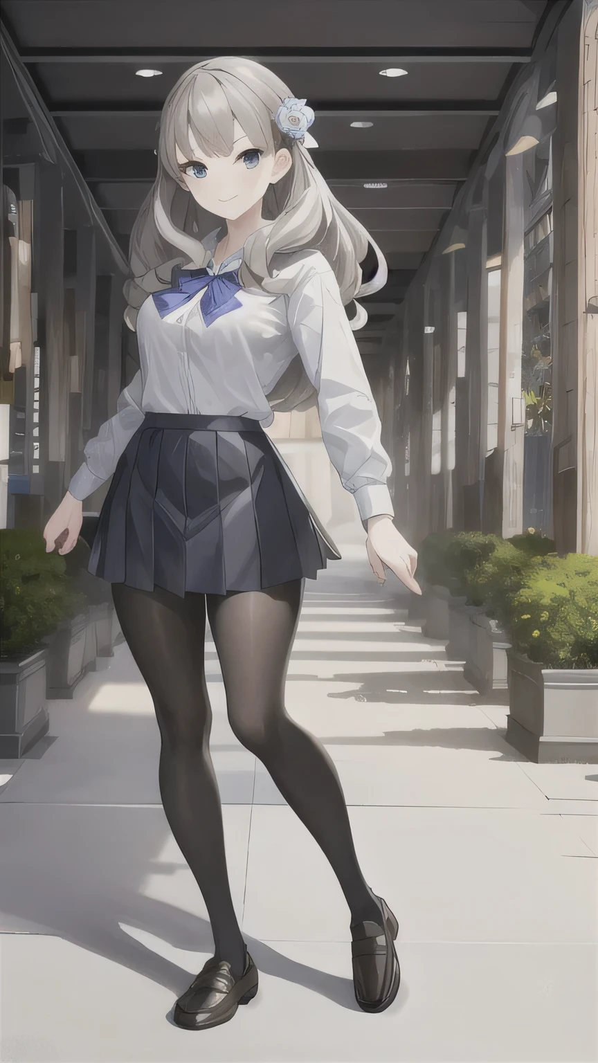 masterpiece, best quality,fuyusaka iori 1, 1girl, solo, hair flower, white shirt, skirt, pleated skirt, black skirt, shoes, hair ornament, flower, long hair, full body, pantyhose, grey hair, white flower, grey eyes, outline, looking at viewer, highly detailed school library background, middle breast, smile, shameful face, slander, straight on, stand, school_uniform, loafers