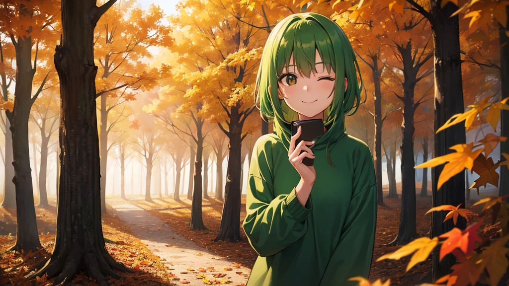 a girl with green hair, violet sweatshirt, autumn forest, perfect brown eyes, cinematic lighting, smiles with eyes half closed, work of art, ultra definition, autumn leaves falling, half-length focus, pose in a corner of the image