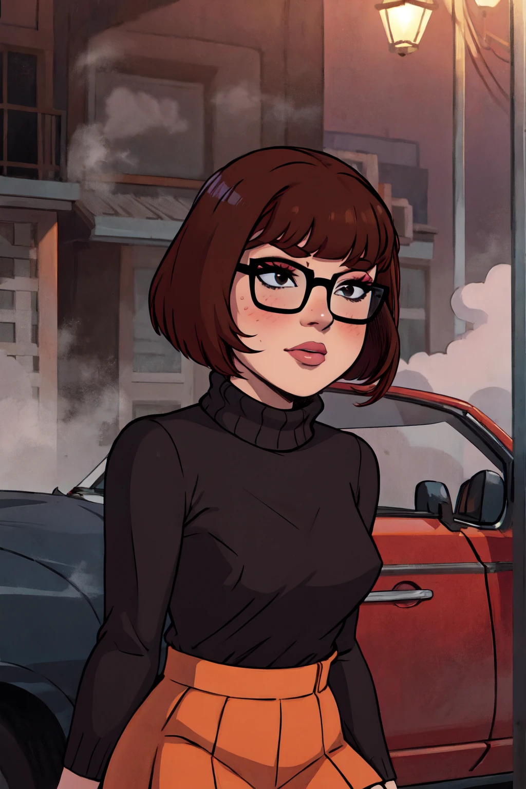 1girl, Velma from scooby-doo, solo, skinny, brown hair, black eyes, square glasses, orange turtleneck blouse and red skirt,  eyeliner, looking at viewer, lips, black bob cut, blunt bangs, blush, standing, upper body, face focus, outdoors, horror \(theme\), night, fog egirlmakeup, sitting on the red car