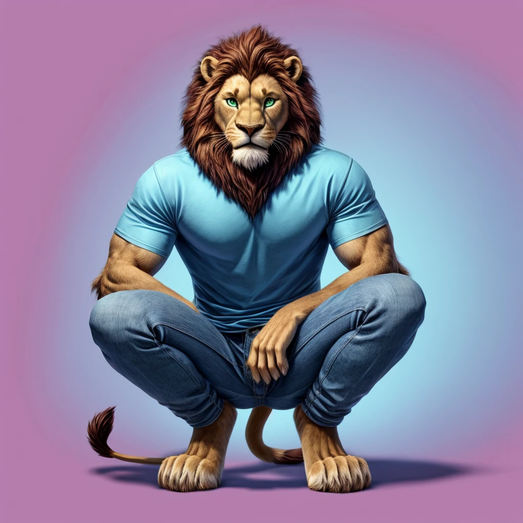 Male lion furry squat pose legs open look front blue pink background green eyes blue pink background jeans and blue shirts tail