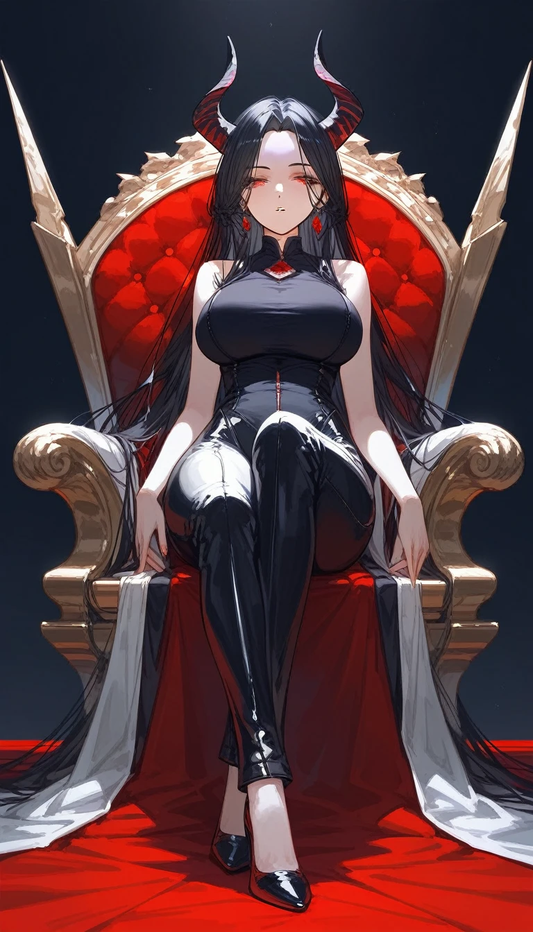 masterpiece, Score_9, Score_8_up, Score_7_up, front view, 1 woman, alone, black hair with red, long hair, parted bangs, dark red eyes, half-closed eyes, parted lips, expressionless, pale skin, large breasts, body suit, black bottom, best quality, horns up, long open bangs, black sleeveless shirt, black V-neck, red baggy pants, high heels, Sitting on a throne.