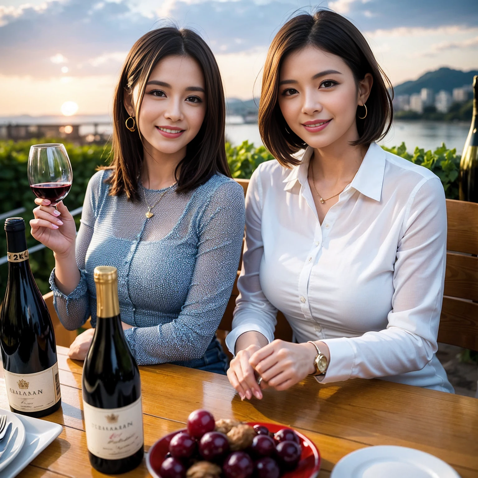 ((Highest quality、8k、masterpiece:1.3))、 (Genuineistic, Genuine、Bright image、Intricate details:1.2), 最高のsmile、1 male 1 female、Beautiful couple、spouse、fiancee、Good friends、actress couple、smile、Full-course dinner at a packed table、 (Slim face), (the body is slim), (Brown Hair), (short hair), テーブルのwine glass、Please shine a light on my face、 Amazing view of the sunset sky and clouds、 (42 years old)38 years old, red wine 、Appetizers、Wine bottle、sparkling wine、Long sleeve shirt、dress、White wine, red wine, wine glass, 