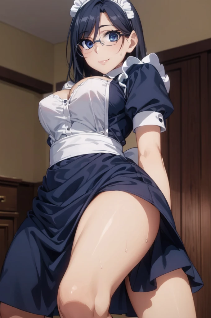 (from below:1.4),One girl,18-year-old,(Perfect hands:1.3), Perfect Fingers,Perfect Anatomy, (masterpiece:1.3), Highest quality,Realistic, hyperRealistic, 16K HDR, morning, short hair,(arms behind back:1.2),Condescending Eyes,(Beautiful female hands:1.3),Small hands,(Thin fingers:1.3), (Navy Blue Hair), blue eyes, Glasses,gl is es, ,Cafe,Are standing,(Sweat:1.3),(Smile:1.2),Big Breasts,Cleavage,( maid outfit,Headdress:1.2),Ultra mini skirt,Frills,Sexyd outfit,White panties,(raise one leg slightly),