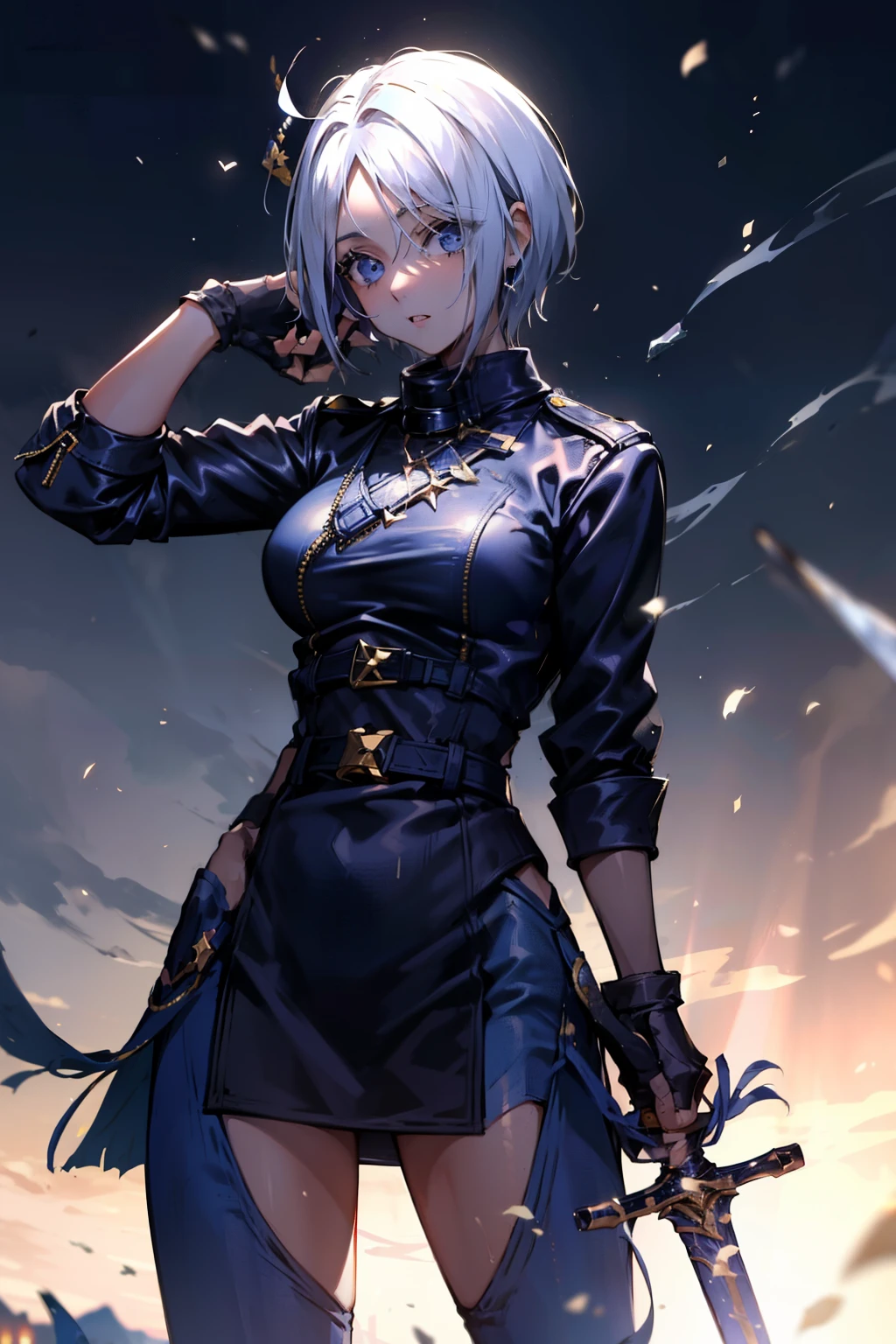 Parte superior del cuerpo, 1girl, (AngelMS:1.4), senos grandes, bragas, diafragma, Lado opuesto, Mirando al espectador, (escote), chaqueta recortada, holding a ultra long divine sword, ultra detailed divine sword