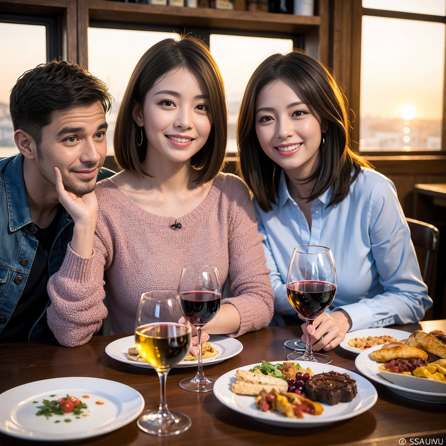 ((Highest quality、8k、masterpiece:1.3))、 (Genuineistic, Genuine、Bright image、Intricate details:1.2), 最高のsmile、1 male, 1 female、Beautiful couple、Satomi Ishihara-like lover、Good friends、actress couple、smile、Full-course dinner at a packed table、 (Slim face), (the body is slim), (Brown Hair), (short hair), テーブルのwine glass、Please shine a light on my face、 Amazing view of the sunset sky and clouds、 (42 years old)38 years old, red wine 、Appetizers、Wine bottle、sparkling wine、Long sleeve shirt、dress、White wine, red wine, wine glass,