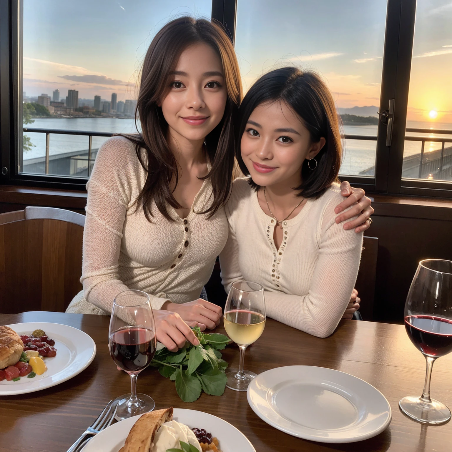 ((Highest quality、8k、masterpiece:1.3))、 (Genuineistic, Genuine、Bright image、Intricate details:1.2), 最高のsmile、1 male, 1 female、Beautiful couple、Satomi Ishihara-like lover、Good friends、actress couple、smile、Full-course dinner at a packed table、 (Slim face), (the body is slim), (Brown Hair), (short hair), テーブルのwine glass、Please shine a light on my face、 Amazing view of the sunset sky and clouds、 (42 years old)38 years old, red wine 、Appetizers、Wine bottle、sparkling wine、Long sleeve shirt、dress、White wine, red wine, wine glass,