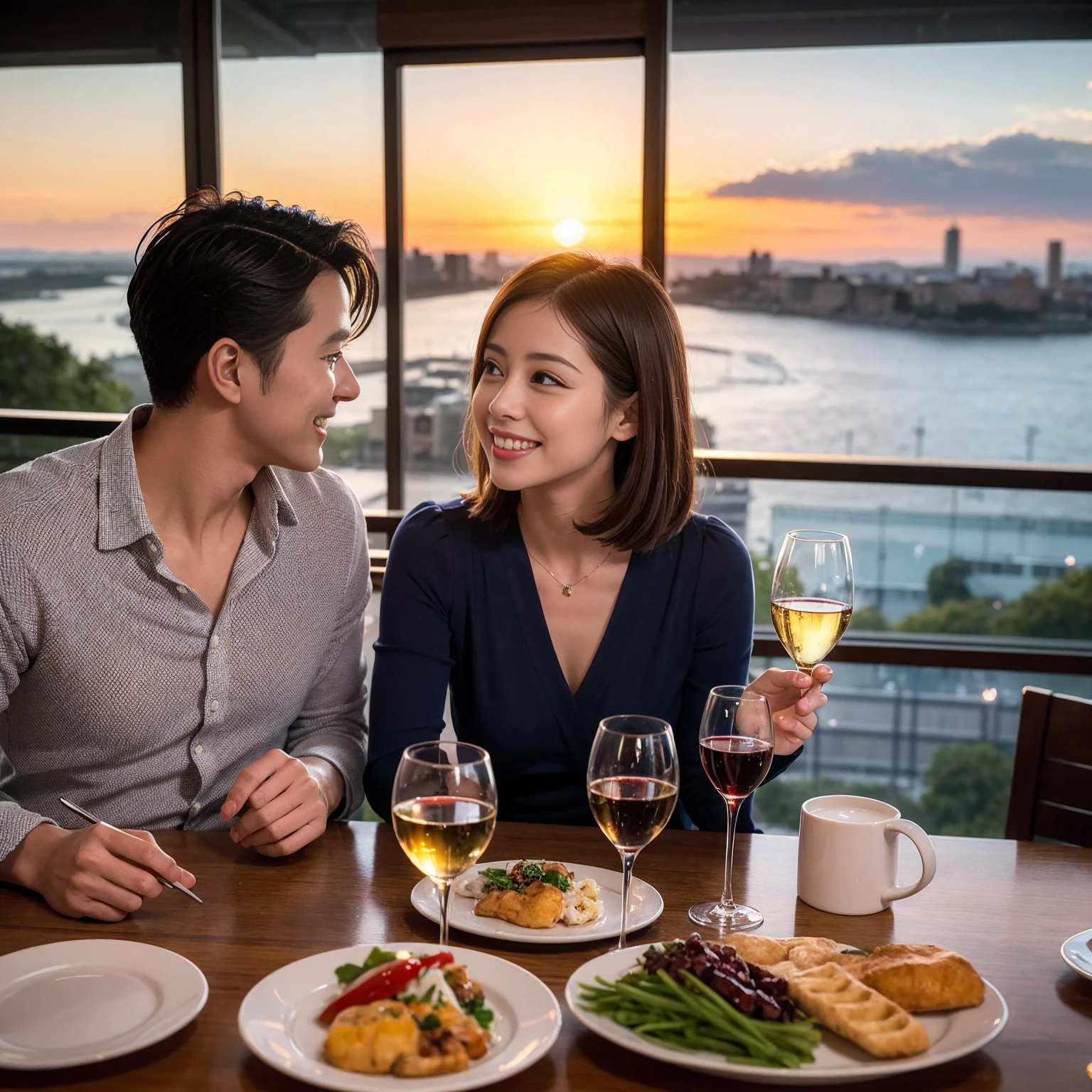 ((Highest quality、8k、masterpiece:1.3))、 (Genuineistic, Genuine、Bright image、Intricate details:1.2), 最高のsmile、1 male, 1 female、Beautiful couple、Satomi Ishihara-like lover、Good friends、actress couple、smile、Full-course dinner at a packed table、 (Slim face), (the body is slim), (Brown Hair), (short hair), テーブルのwine glass、Please shine a light on my face、 Amazing view of the sunset sky and clouds、 (42 years old)38 years old, red wine 、Appetizers、Wine bottle、sparkling wine、Long sleeve shirt、dress、White wine, red wine, wine glass, 