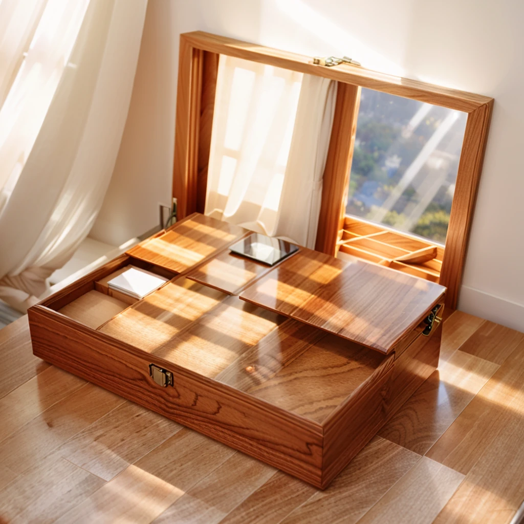 In this cozy room，A ray of sunlight shone through the half-drawn curtains on the table，Let the wood grain on the watch storage box shine with a faint luster。There was a calm and peaceful atmosphere in the air around them。There are several still lifes hanging on the walls of the room，It adds a touch of elegance to the space。And on the other side of the room，The half-open window lets in the breeze，The pages on the small desk by the window turned in the wind，This quiet scene gives a sense of tranquility and comfort。

