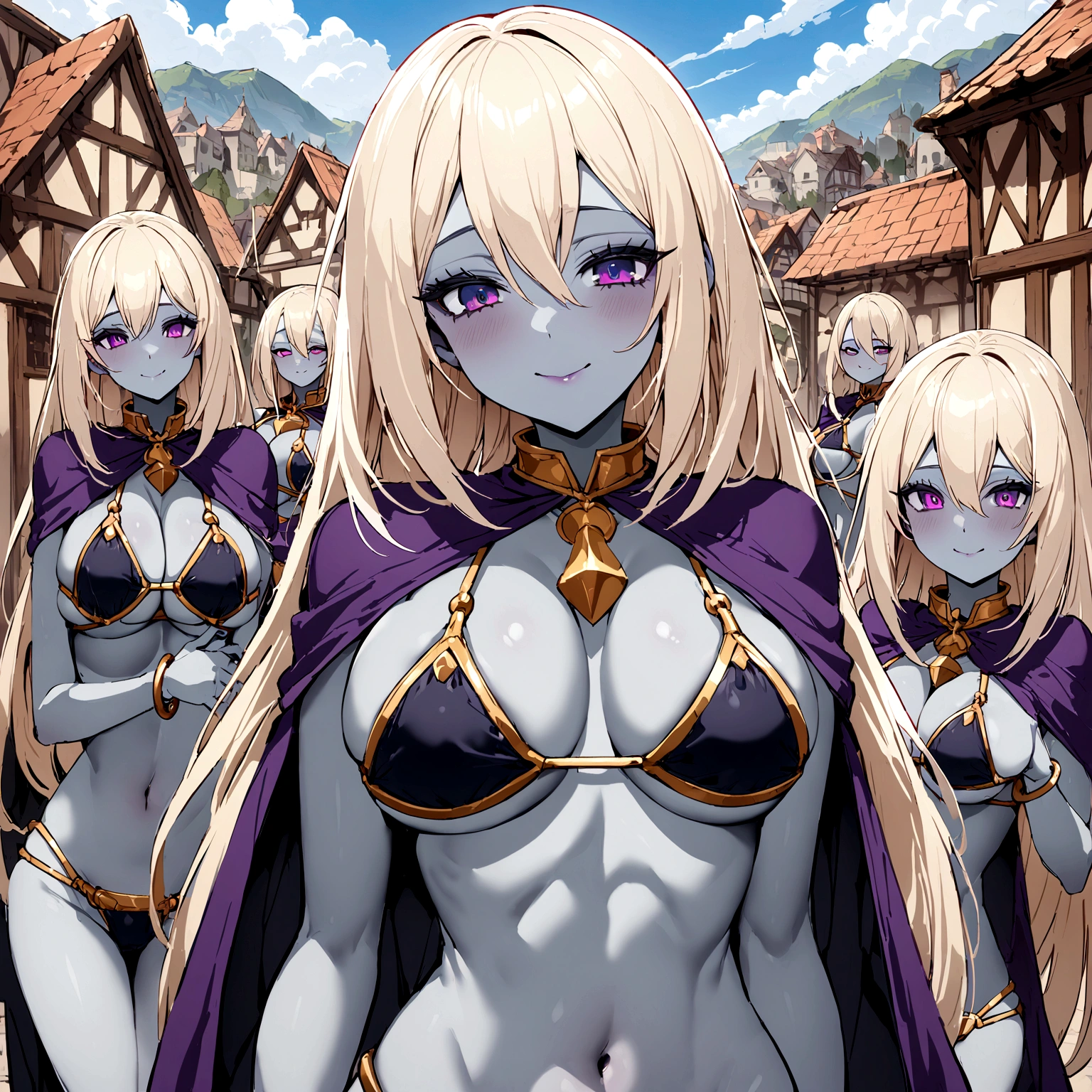 (Triplets)(chest covered)(smile)Gray skin, pale golden hair and violet eyes. They prefer clothing of white and silver with cloaks of deep blue or purple,village background, huge_knockers, ((very precise detailed)), ((highres) triplets drow slave bikini