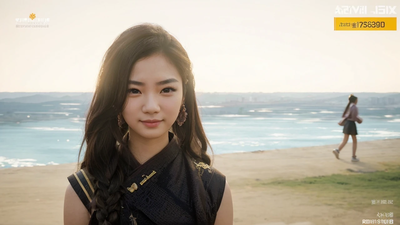 Kpop idol: 1.2, mix4, 1 Korean girl, 14 years old, (light eyebrows: 1.4), shiny brown eyes, bun head, tied two braids, ancient city, Chinese temple, high mountain, beautiful detail sky, street (crowd:1.2), night, (nose blush), hanfu, happy, smile
