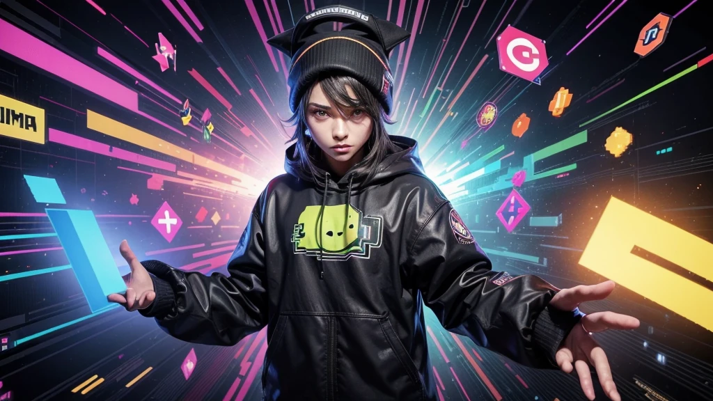 Gostaria de uma imagem para o meu canal de games "Kuaaty Player". A imagem deve incluir o logotipo do canal e elementos de jogos (personagens, control icons, glitch transitions). Use cores vibrantes e estilo pixel art. The image must be energetic and attractive.