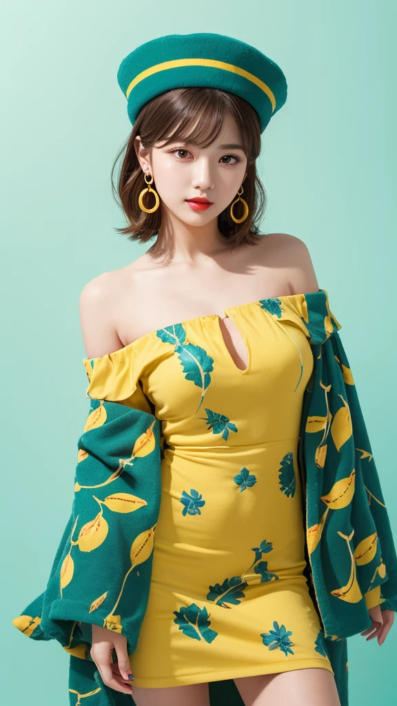 This image contains、Against a bright yellow background、Depicts a young woman with short wavy blonde hair。she、She is wearing a large, plush hat with a bold banana print on a teal background.、She is wearing an off-the-shoulder dress of the same pattern.。Her makeup is perfect、Her bright red lips stand out。Also、She wears large round yellow earrings that resemble lemons.。Her pose is elegant and、It is slightly turned to the left、Has a calm expression。The overall color combination is vibrant and playful.、The yellow background and teal and yellow outfits combine、Gives a fashionable impression。