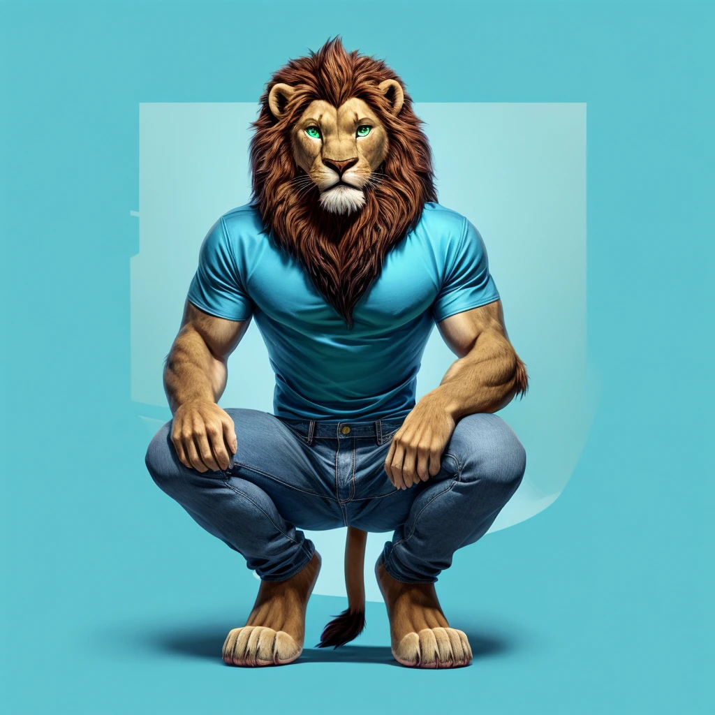 Male lion furry squat pose legs open look front blue pink background green eyes blue pink background jeans and blue shirts tail