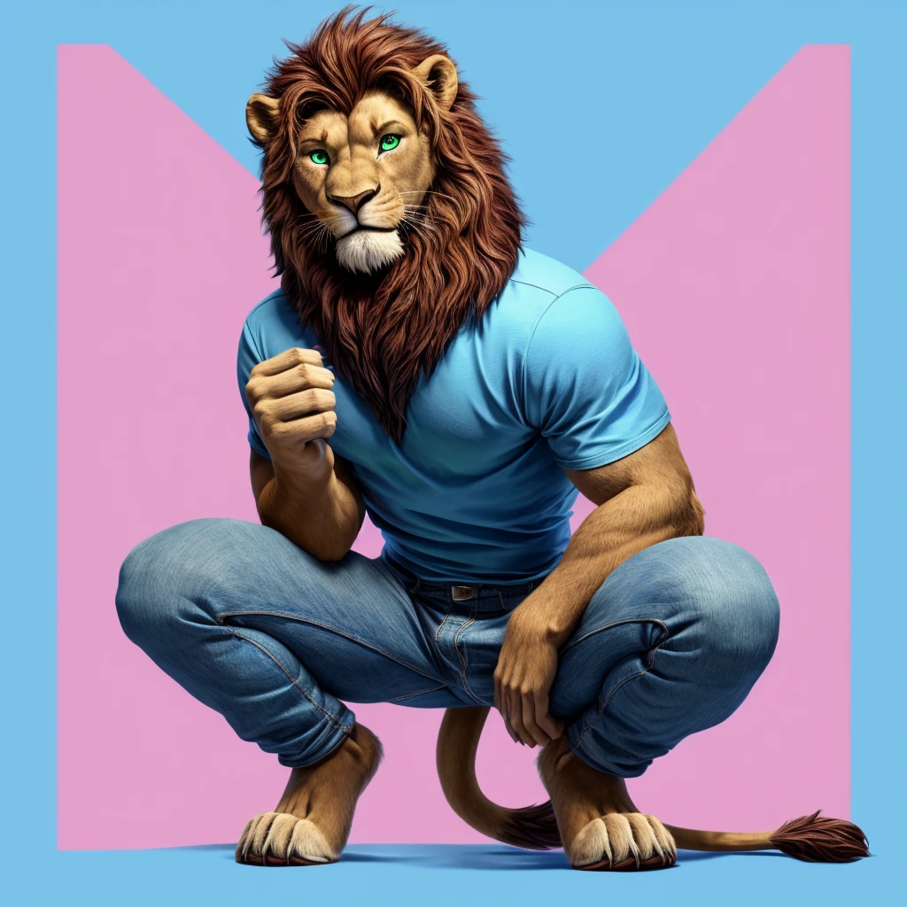 Male lion furry squat pose legs open look front blue pink background green eyes blue pink background jeans and blue shirts tail