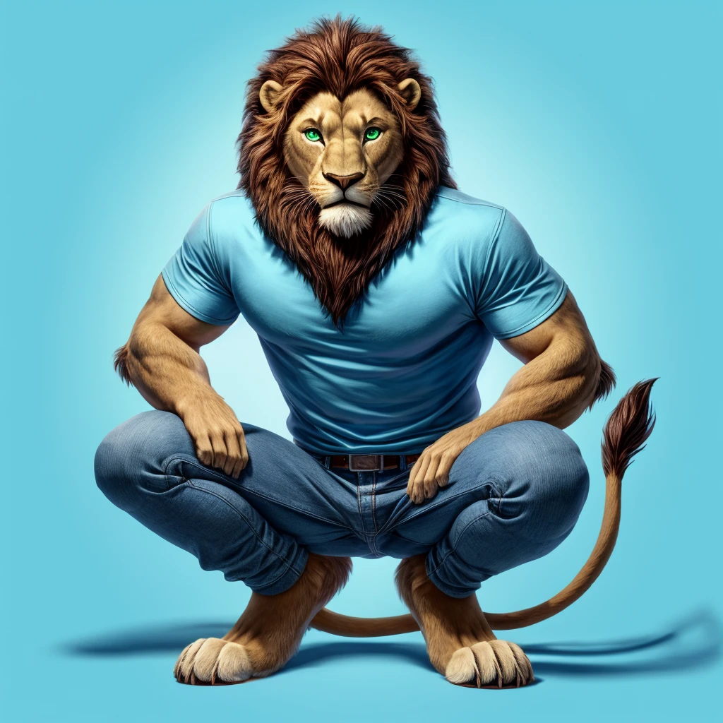 Male lion furry squat pose legs open look front blue pink background green eyes blue pink background jeans and blue shirts tail