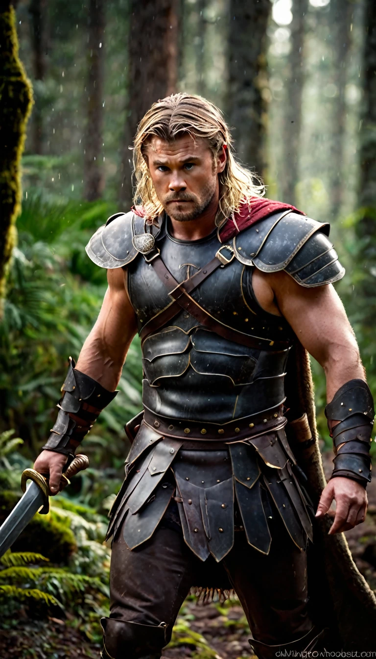 Chris Hemsworth, long blonde hair, dressed in gladiator armor, carries a sword in his hand, (fighting a barbarian, savage), in a forest, (his entire body can be seen) epic image, dark image, noir image, , ethereal image, gloomy atmosphere. highly detailed image, sharp focus, studio photography, xf iq 4, 1 5 0 0 0 0 mp, 5 0 mm, iso 2 0 0, 1/1 6 0 s, realistic, natural light, octane rendering, adobe lightroom , thirds resolution, symmetrical balance, depth layers, polarizing filter, ..., hd, color optics, ..., hd, opaque color,
