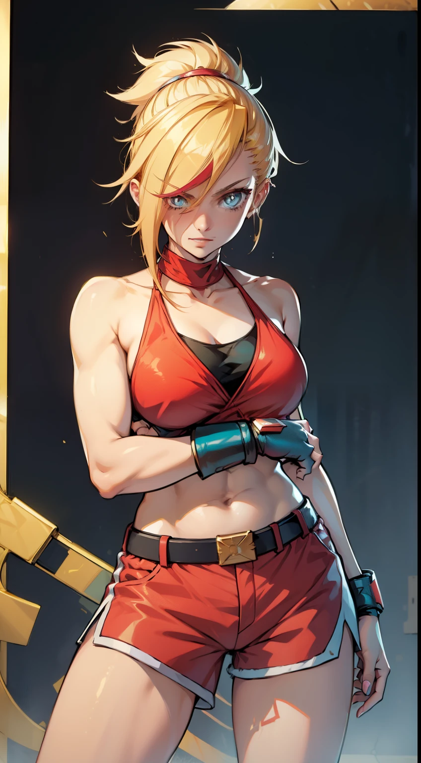 young girl, longue blonde hair, Hairpin with a bundle, turquoise eyes, Yakuza tattoos, red tight uniform, Sleeveless, Wide neckline on the chest to the abdomen, Gold Elements, Red gold armor, Shorts, claws, smirk, Masterpiece, hiquality, 4k, HD, Good detail