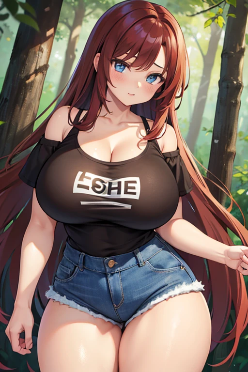 A 20-year-old girl, alone, Brown Hair, Very Big Breasts,Cleavage, Mixed red hair, Long Hair, Off-the-shoulder shirt, , Dutch Angle, Denim shorts, Blue Eyes, Forest background, Gigantic Breasts, Enormous Breasts, Thick Thighs, Wide Hips,