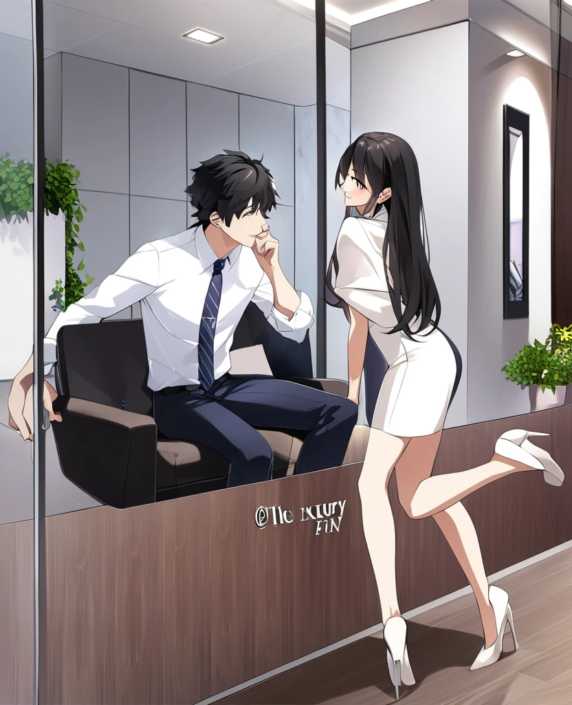 The male protagonist is talking to a woman with long black hair dressed in business attire., The woman is smiling.、Photography is fun, 5 Luxury Offices