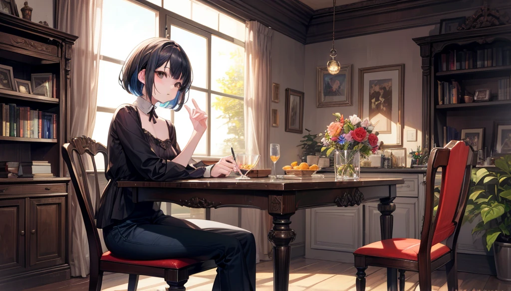 masterpiece, best quality, high quality, detailed, ultra detailed, hyper detailed, insanely detailed, exquisite, beautiful, FHD, Full-HD, 4K, 8K, 16K, highres, absurdres, background, a girl, intelligent, sitting, bob, short hair, black hair, black eyes, pale skin, , beautiful, medium shot, hopeful, blouse, pants, in the cafe, with a chair, with a table, with a bookshelf, with a book, with a flower, in the evening, dreamy atmosphere