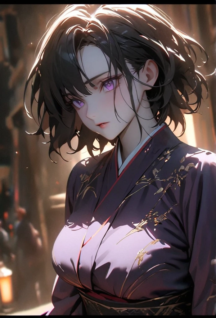 (solo), pitch black hair, messy hair, mane hair, short hair, dense hair, wild hair, expressive hai,(25 year old), pale skin, ((Female)), purple eyes, beautiful girl, wearing a black and purple kimono, beautiful, attractive, large breast, medium ass, Yin, eye reflection, depth of field, thunder aura, cinematic lighting, ray tracing, depth of field, cinematic lighting, ray tracing, UHD, high details, best quality, highres, high quality, award winning, super detail, masterpiece, 8k, UHD, high details, best quality, highres, high quality, award winning, super detail, masterpiece, 8k, digital art, anime coloring, body shot, good face, perfect face, detailed face, good eyes. The background is space.