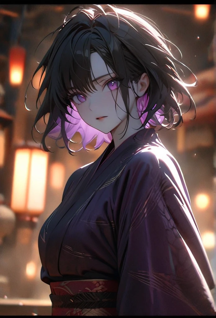 (solo), pitch black hair, messy hair, mane hair, short hair, dense hair, wild hair, expressive hai,(25 year old), pale skin, ((Female)), purple eyes, beautiful girl, wearing a black and purple kimono, beautiful, attractive, large breast, medium ass, Yin, eye reflection, depth of field, thunder aura, cinematic lighting, ray tracing, depth of field, cinematic lighting, ray tracing, UHD, high details, best quality, highres, high quality, award winning, super detail, masterpiece, 8k, UHD, high details, best quality, highres, high quality, award winning, super detail, masterpiece, 8k, digital art, anime coloring, body shot, good face, perfect face, detailed face, good eyes. The background is space.