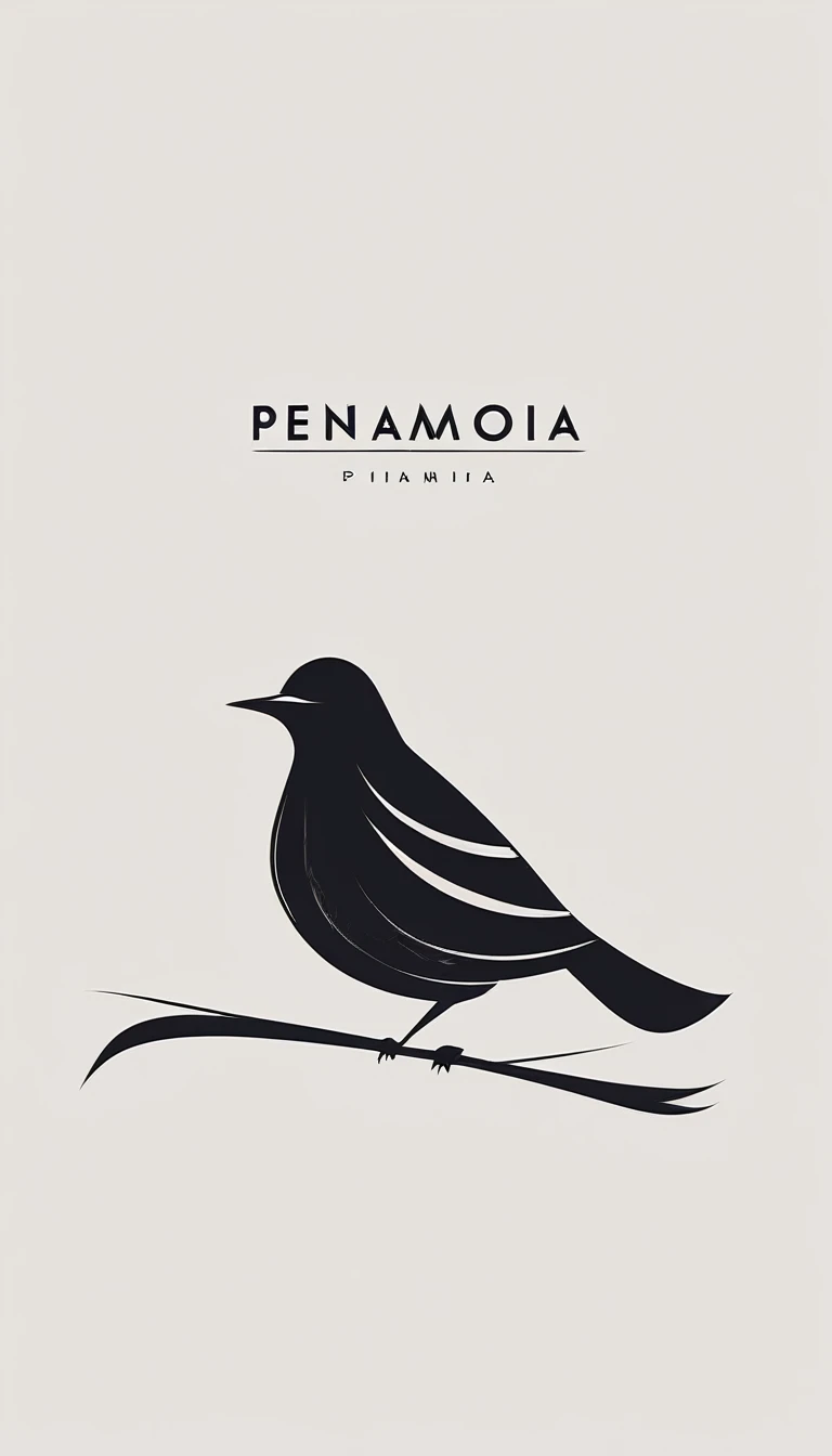 A minimal, modern, simple, cinematic logo design for the brand “Penamemoria". Create a modern, minimalistic, high-quality, logo of a bird with special and thin threads as tail. Bird, feather and boy guitarist