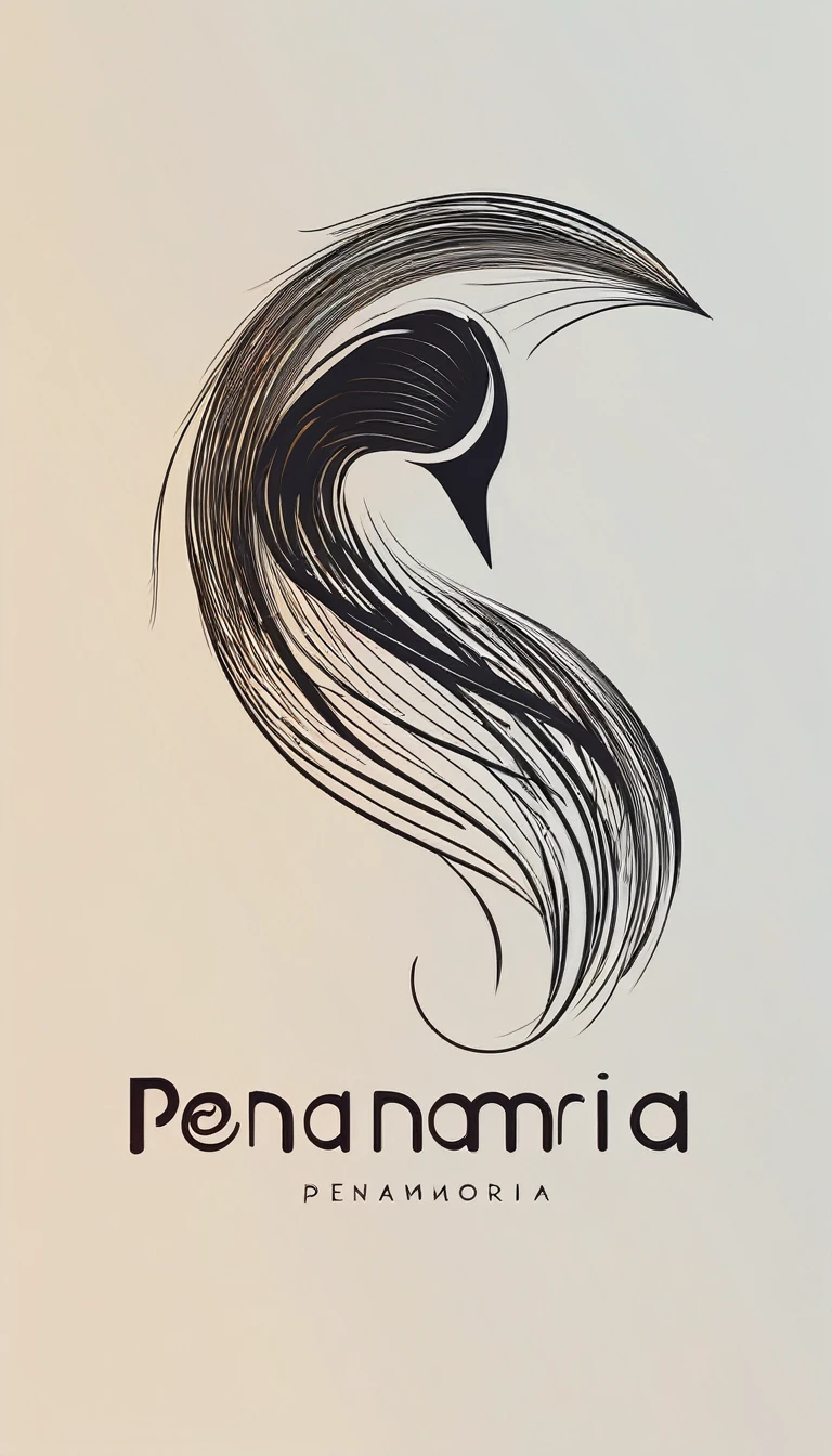 A minimal, modern, simple, cinematic logo design for the brand “Penamemoria". Create a modern, minimalistic, high-quality, logo of a bird with special and thin threads as tail. Bird, feather and boy guitarist