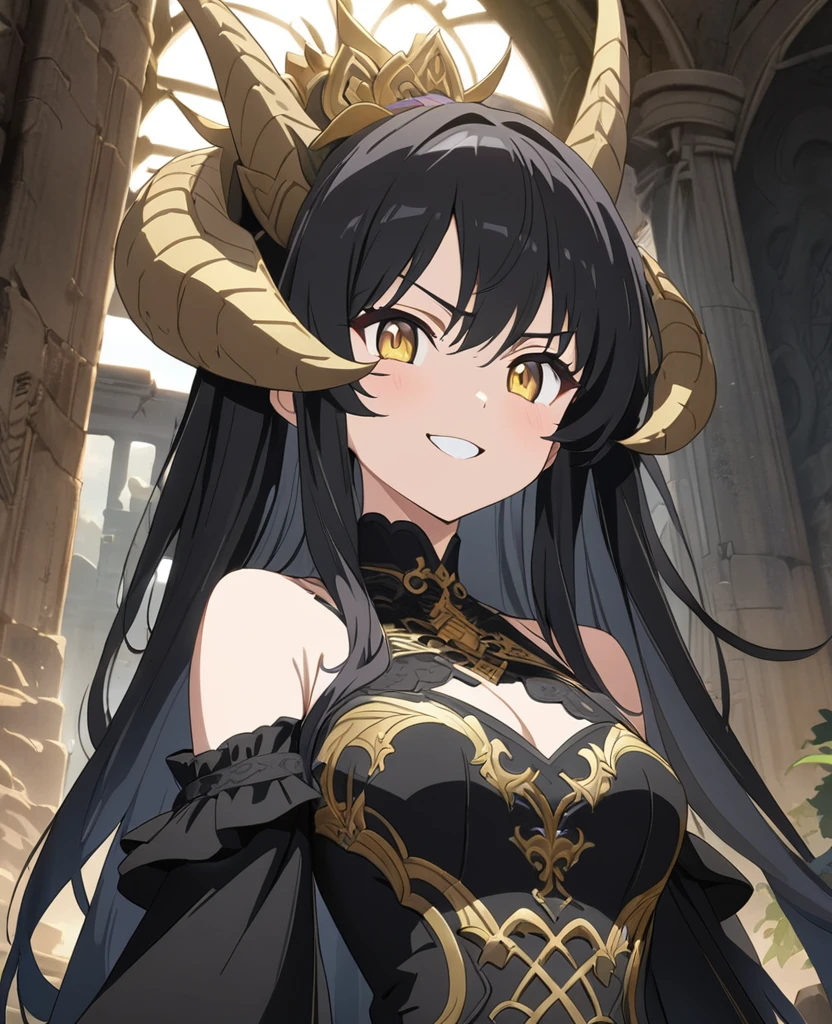 ((Fantasy,masterpiece,Highest quality,High resolution,finely)),(In front of the altar of the ancient ruins、With a nihilistic smile、Leaning on a giant battle axe that was sunk into the ground、A beautiful girl with long black hair and golden eyes,Two dragon horns growing from his head),Shoulders are exposed,Black gothic lolita costume with gold embroidery,Composition from the upper body up,The presence of an absolute champion