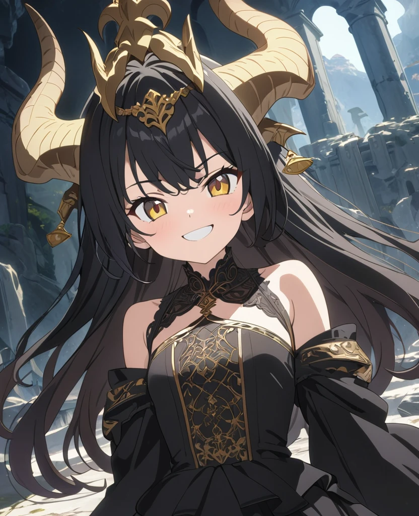 ((A girl grinning,Anime painting,Fantasy,masterpiece,Highest quality,High resolution,finely)),(In front of the altar of the ancient ruins、intimidating pose、A small, young, beautiful girl with long black hair and golden eyes.,Dragon horns growing from his head),Shoulders are exposed,A sexy black Gothic Lolita costume with gold embroidery,Composition from the upper body up