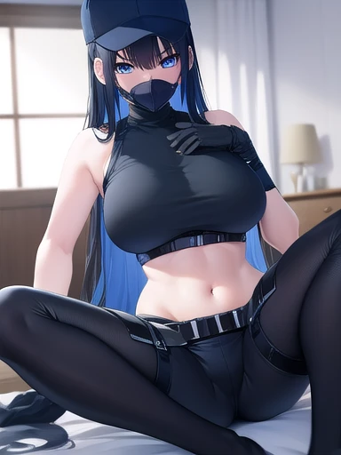 saorijoumae, saori joumae, full body, blue eyes, blue hair, halo, long hair, mask, mouth mask, bare arms, bare shoulders, belt, black headwear, thighs, thick legs, laying, legs up, black pants, black shirt, blue gloves, crop top, gloves, leggings, midriff, navel, pants, shirt, sleeveless, sleeveless shirt, looking at viewer, indoors, masterpiece, best quality, high resolution, unity 8k wallpaper, extremely detailed face, perfect lighting, extremely detailed CG, (perfect hands, perfect anatomy), large breasts,