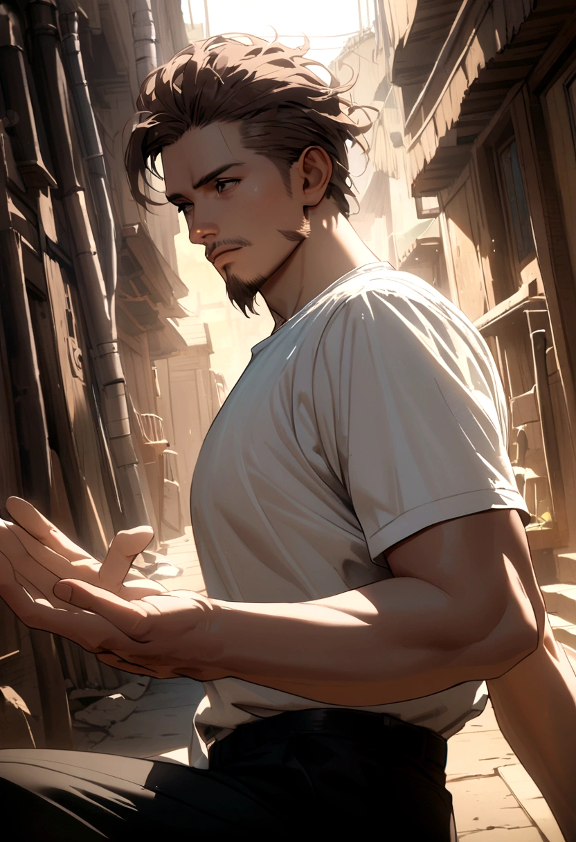 Brown haired man with goatee, white shirt and black pants