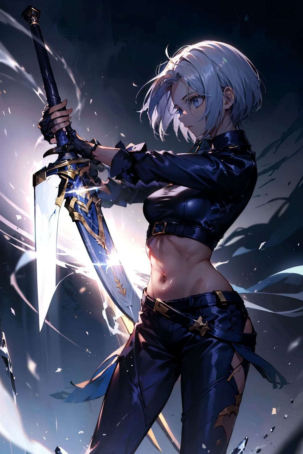 Parte superior del cuerpo, 1girl, (AngelMS:1.4), senos grandes, bragas, diafragma, Lado opuesto, Mirando al espectador, (escote), chaqueta recortada, holding a ultra long divine sword, ultra detailed divine sword