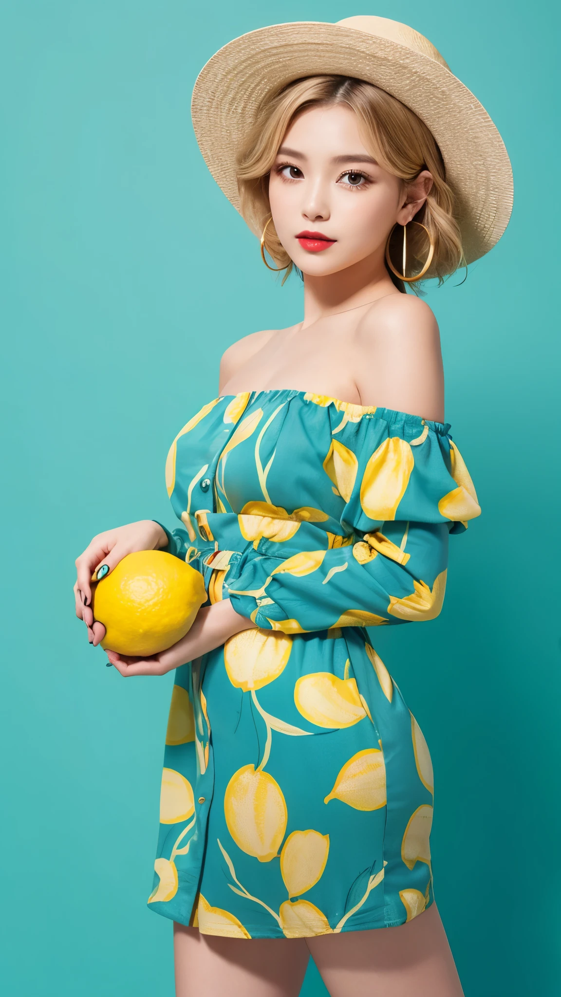 This image contains、Against a bright yellow background、Depicts a young woman with short wavy blonde hair。she、She is wearing a large, plush hat with a bold banana print on a teal background.、She is wearing an off-the-shoulder dress of the same pattern.。Her makeup is perfect、Her bright red lips stand out。Also、She wears large round yellow earrings that resemble lemons.。Her pose is elegant and、It is slightly turned to the left、Has a calm expression。The overall color combination is vibrant and playful.、The yellow background and teal and yellow outfits combine、Gives a fashionable impression。
