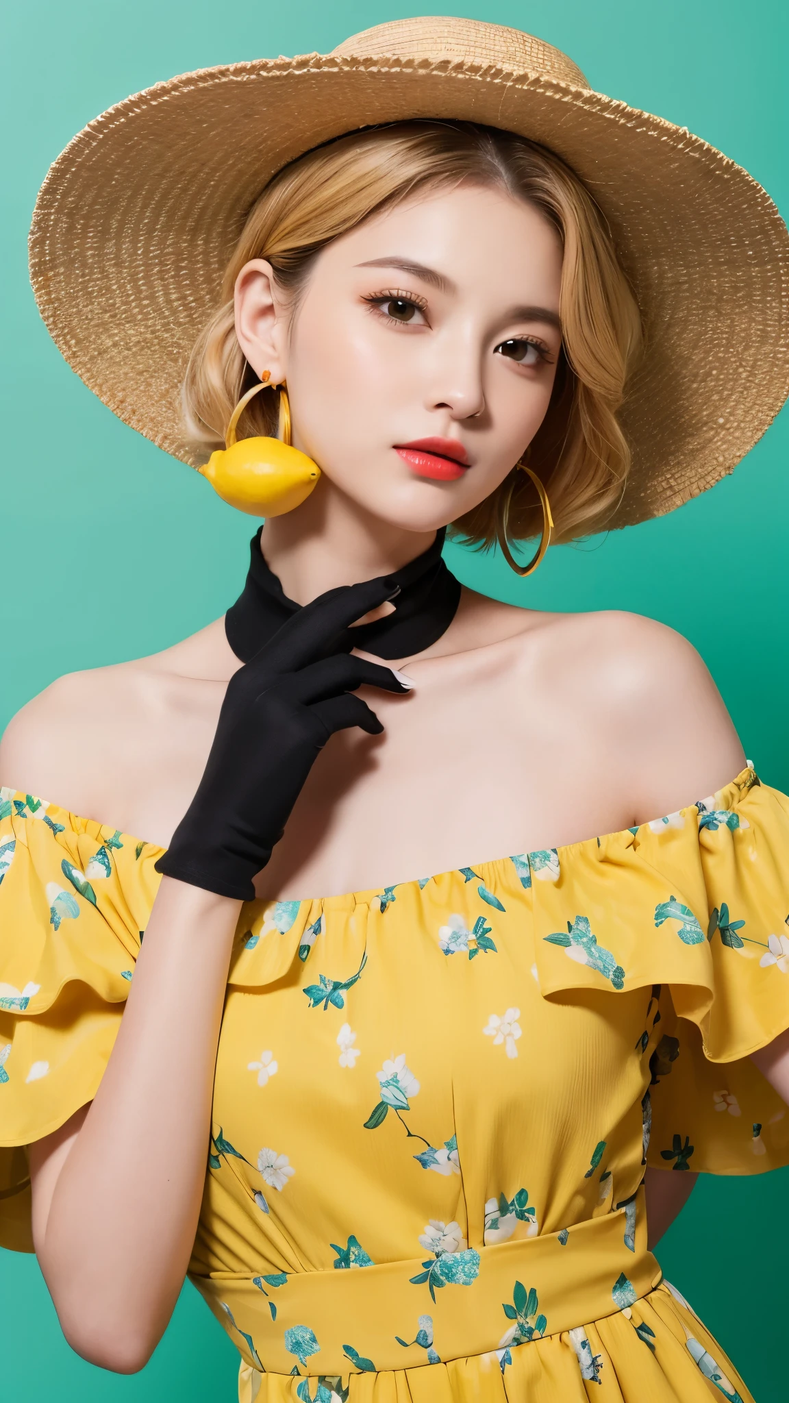 This image contains、Against a bright yellow background、Depicts a young woman with short wavy blonde hair。she、She is wearing a large, plush hat with a bold banana print on a teal background.、She is wearing an off-the-shoulder dress of the same pattern.。Her makeup is perfect、Her bright red lips stand out。Also、She wears large round yellow earrings that resemble lemons.。Her pose is elegant and、It is slightly turned to the left、Has a calm expression。The overall color combination is vibrant and playful.、The yellow background and teal and yellow outfits combine、Gives a fashionable impression。