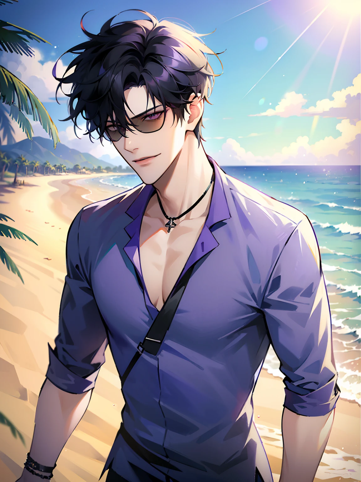 (masterpiece, 4k, high quality:1.3), 1boy, solo, short hair, black hair, asymmetrical fringe, purple eyes, handsome, sharp eyes, (mature male, mature:1.2), male focus, fashionable, open purple shirt, necklace, smile, beach, sand, boats in the background, sunshine, ((sunglasses)), windy