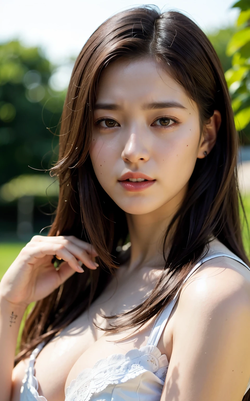 (RAW Photos, Highest quality), (Realistic, Photorealistic:1.3), Tabletop, Crying face, Very delicate and beautiful, Soft Light, (Brown Hair, Straight shoulder-length hair fluttering in the wind), Beautiful detailed girl, (Detailed fingers), Highly detailed eyes and face, Beautifully detailed nose, Beautiful attention to detail, 1 Girl, Japanese, Pure beauty, cute, (Half Body:1.3), Realistic face, Realistic body,