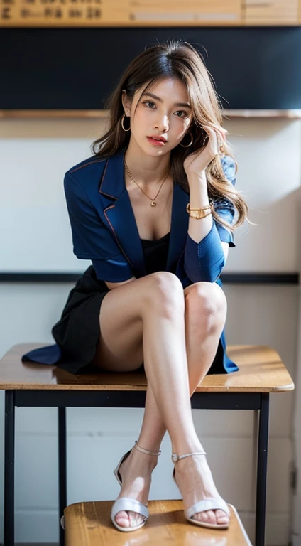 ((8K, high resolution,Masterpiece, best quality, alone, complicated details, Chromatic aberration), realistic, ((chestกลาง)), ((chest)), ((chest)), (chestหย่อนคล้อย.), hair in one eye, big round hoop earrings, Diamond choker, Gold Necklace, silver necklace, small watch, bangle, bracelet, bangleข้อเท้า, waist necklace, (symmetrical eyes),(Perfect symmetrical body), (Photo of a beautiful teenage girl in her 20s.), Beautiful and charming with contemporary fashion paintings as well..., looking at the audience, ((Behind the scenes of a large classroom)), (black short skirt), (((blue jacket, short sleeve), ((เสื้อshort sleeveสีขาว, เปิดchest, Show off your breasts), (open your shirt.), ), (เปิดchest), (chestหย่อนคล้อย.))), (()), (Long square leather belt buckle), ((Put your hands down.)), (Bob, medium length hair,big curls, Side flatness, Golden blonde brown hair, (There is a thin layer of hair covering the face...)), sharp eyeliner, eyelid, Blush, have thick eyelashes, sharp eyes, purple eyes, pink cheeks, Very delicate and beautiful, round chin, Sharp focus, elegant, (sitting on the study table..), (Sit with your legs spread apart., feet free, Showing off faint underwear), (), (Close-up full body photo, Saw black stilettos.)