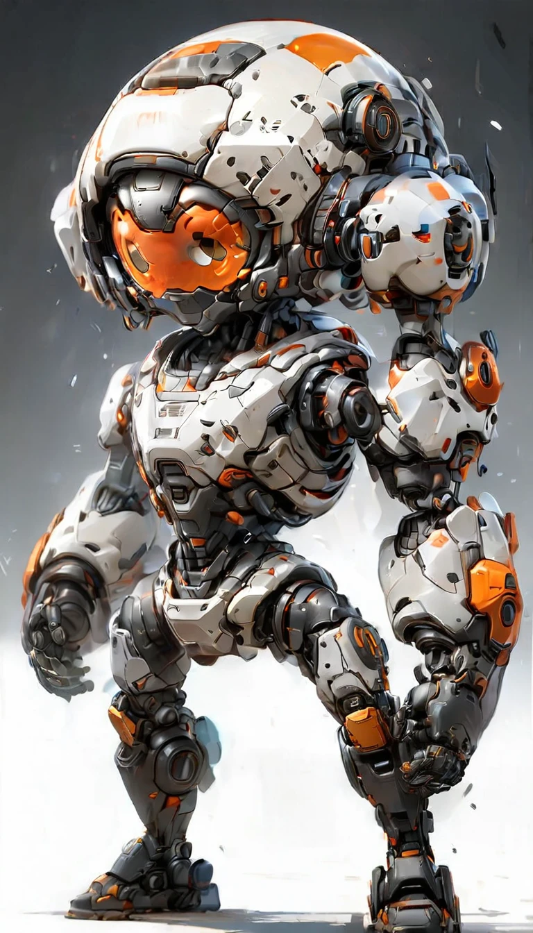 draw a picture of an A.I robot with short stature, like a , wearing a half helmet. male AI type, A.I Robot is orange and black, body position is straight towards the camera, showing the whole body, plain white background, A.I robot has a cute character with a smiling expression. Realistic, futuristic, funny, 3D, 8K