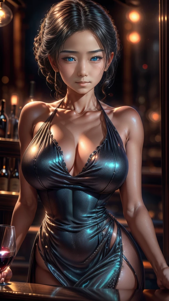 a woman in an evening dress, holding a glass of wine, seducing those around her, in an alien bar, (best quality,4k,8k,highres,masterpiece:1.2),ultra-detailed,(realistic,photorealistic,photo-realistic:1.37),extremely detailed eyes and face,beautiful detailed eyes,beautiful detailed lips,longeyelashes,dramatic lighting,neon lights,moody atmosphere,intricate background details,cinematic composition,glowing skin,elegant pose,alluring expression